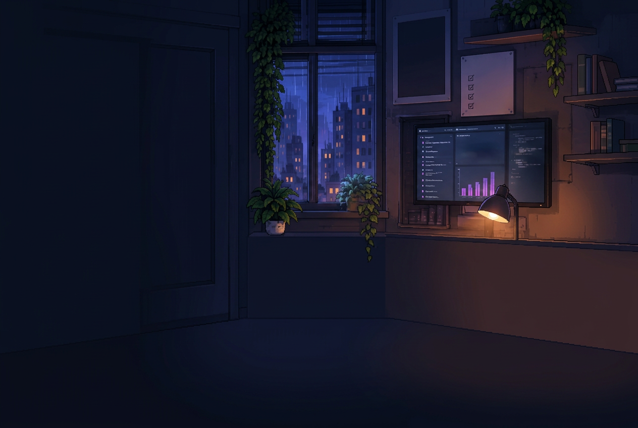 Quarto de desenvolvedor à noite, com janela para a cidade